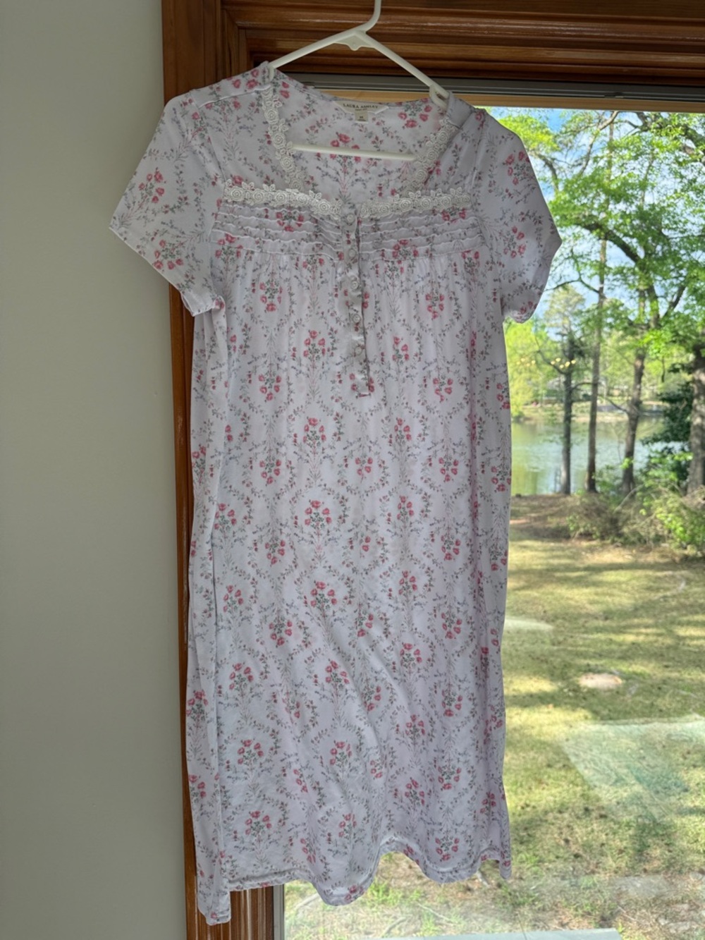 Laura Ashley White and Pink Floral Short-Sleeve Nightgown